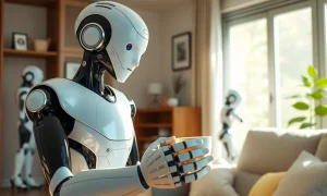 Humanoid robot assisting elderly person in a home, representing the future of care and the $9 trillion market growth.