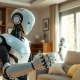 Humanoid robot assisting elderly person in a home, representing the future of care and the $9 trillion market growth.
