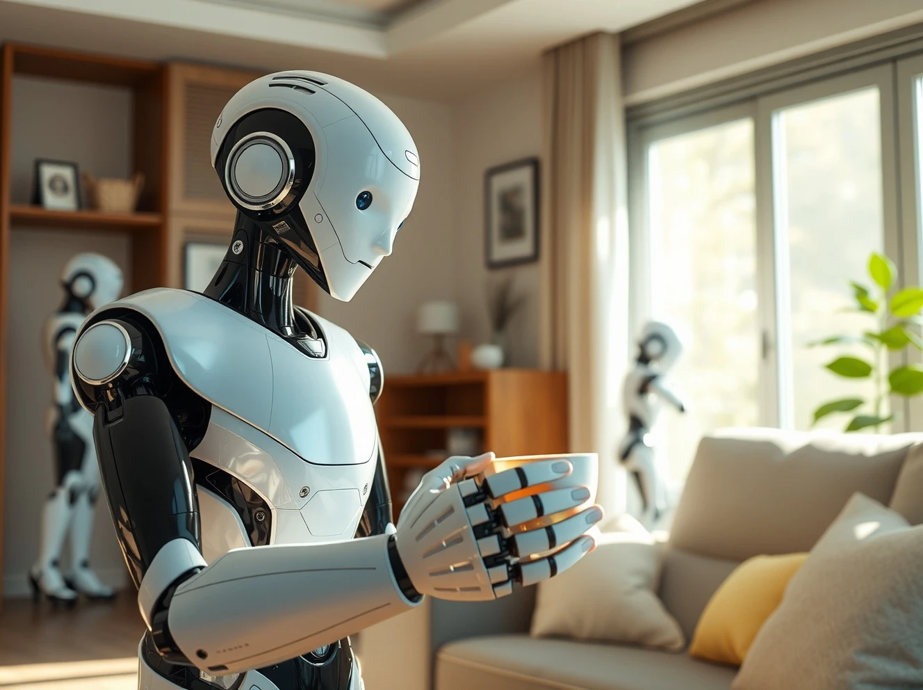 Humanoid robot assisting elderly person in a home, representing the future of care and the $9 trillion market growth.