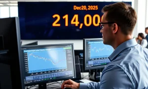 Analyst reviewing initial jobless claims data showing unexpected drop to 214,000 in December 2025