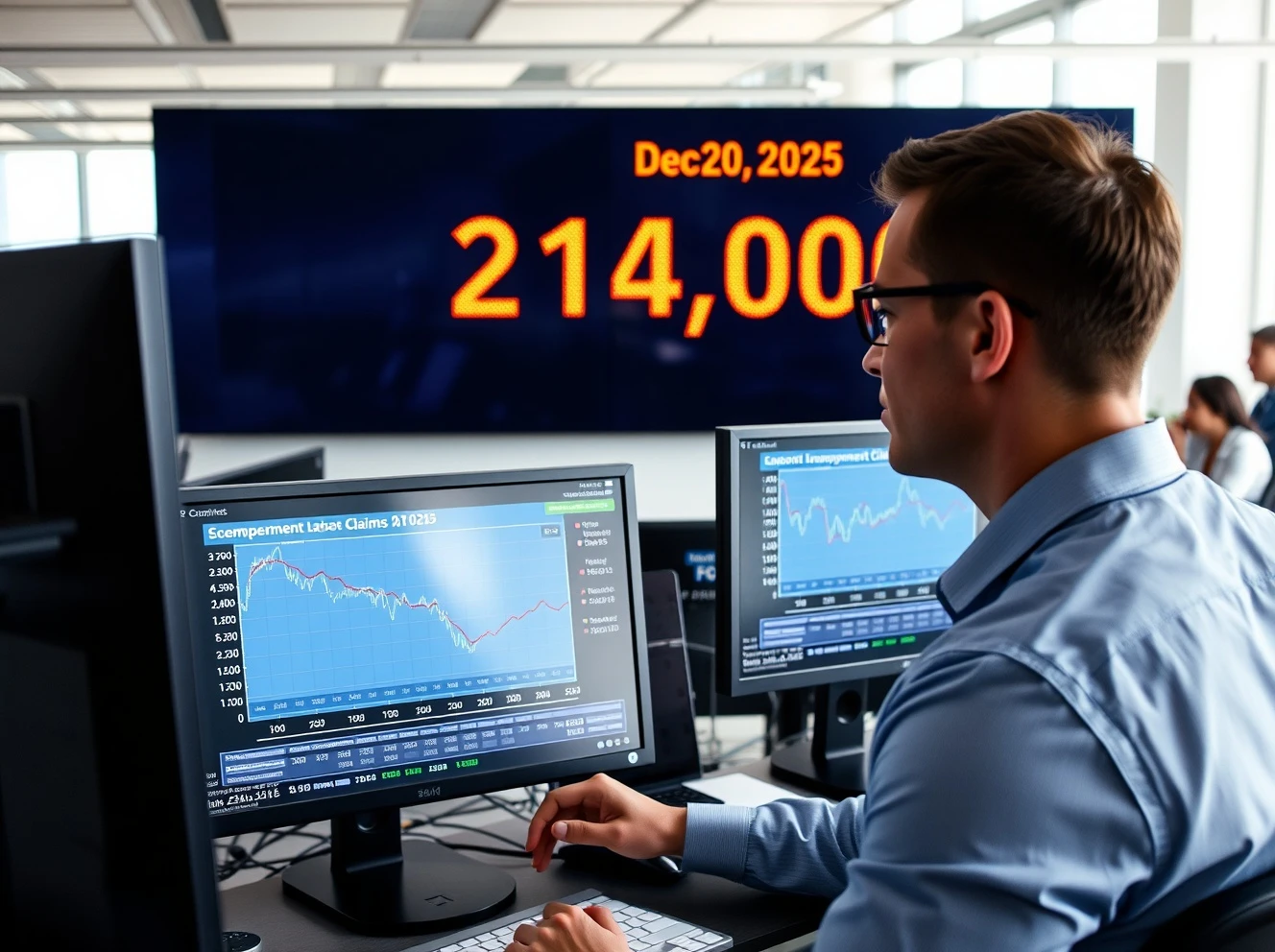 Analyst reviewing initial jobless claims data showing unexpected drop to 214,000 in December 2025
