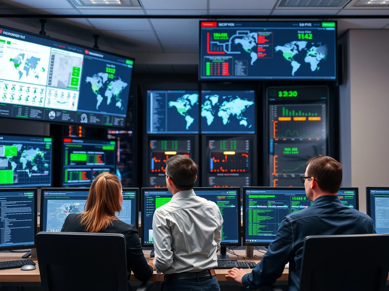 IT support professionals monitoring business continuity systems and network dashboards to prevent operational disruption