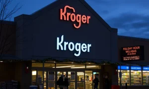 Kroger store exterior showing Christmas 2025 holiday hours and shopping information