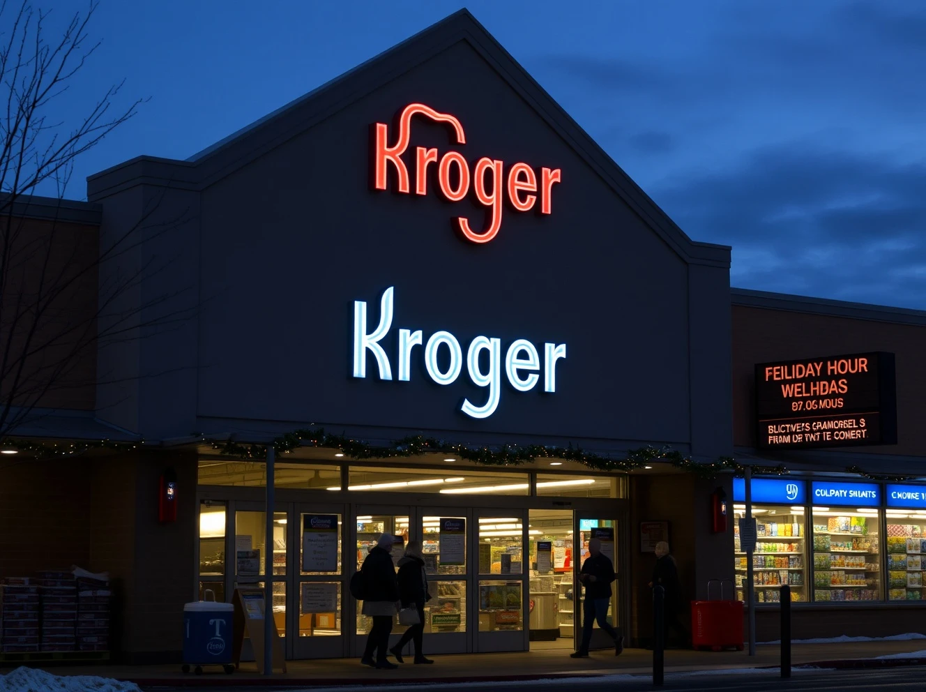 Kroger store exterior showing Christmas 2025 holiday hours and shopping information
