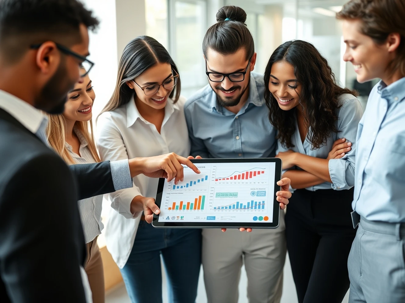 Diverse group mastering investments for beginners while analyzing financial charts on a tablet