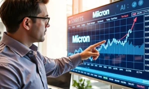 Financial analyst presenting Micron stock price target forecast with AI demand charts