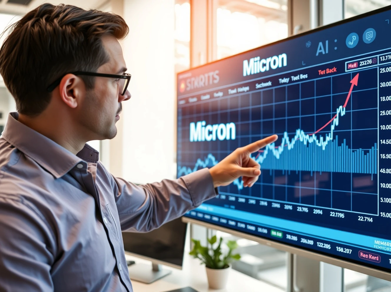 Financial analyst presenting Micron stock price target forecast with AI demand charts