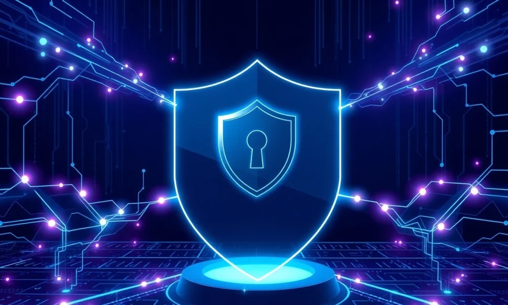 Conceptual illustration of Midnight Blockchain's privacy-enhancing technology protecting digital data.