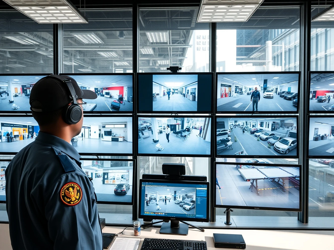 Professional security guard monitoring integrated CCTV system for comprehensive business security strategy