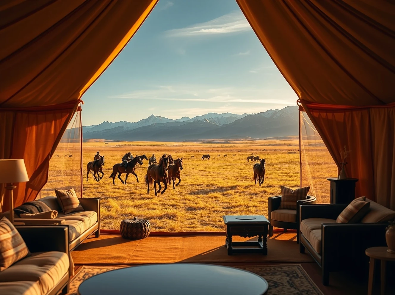 Luxurious travel destination in Mongolia featuring exclusive yurt camps on the pristine steppe
