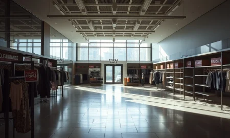 Empty plus-size fashion retailer store interior with clearance signs during nationwide closures