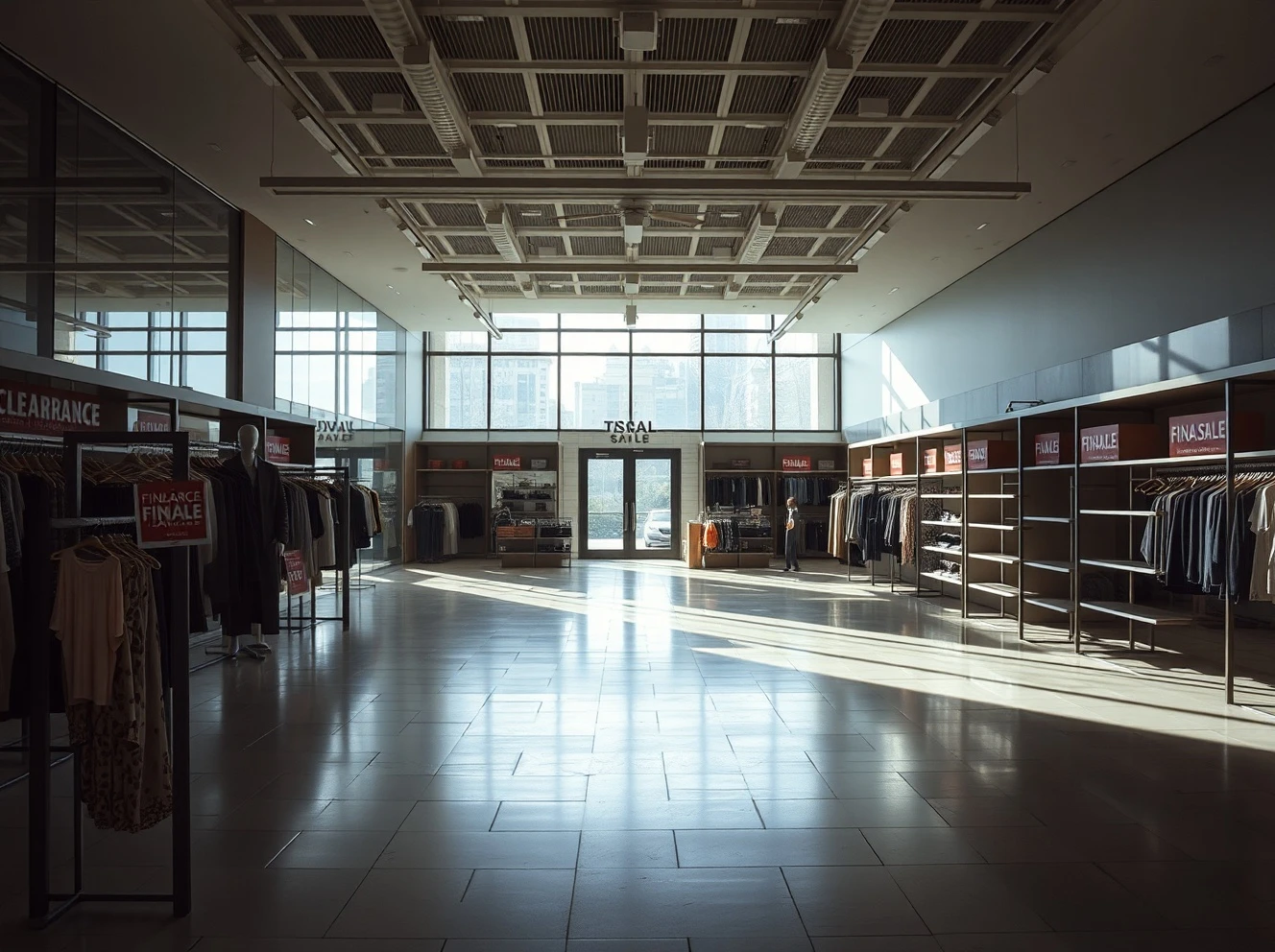 Empty plus-size fashion retailer store interior with clearance signs during nationwide closures