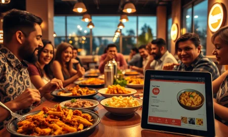 Restaurant trends 2026 show diners enjoying spicy food and comfort classics while using a digital ordering tablet.