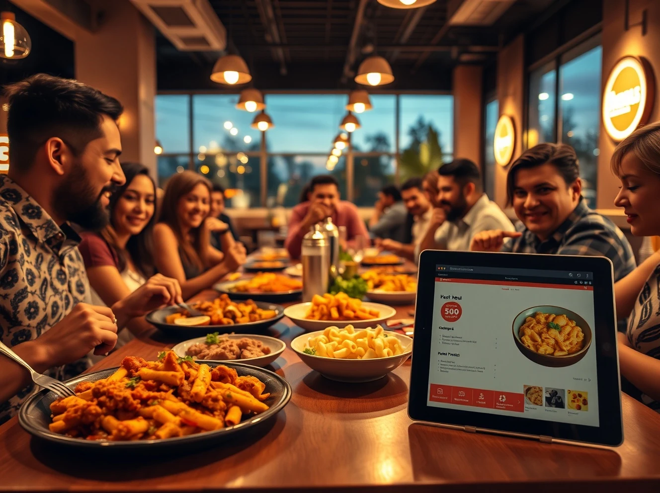 Restaurant trends 2026 show diners enjoying spicy food and comfort classics while using a digital ordering tablet.