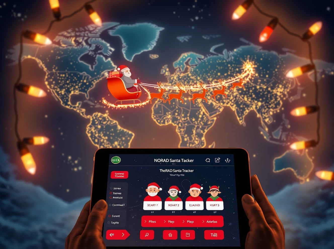 AI-powered Santa tracker showing real-time location on global map with holiday interface