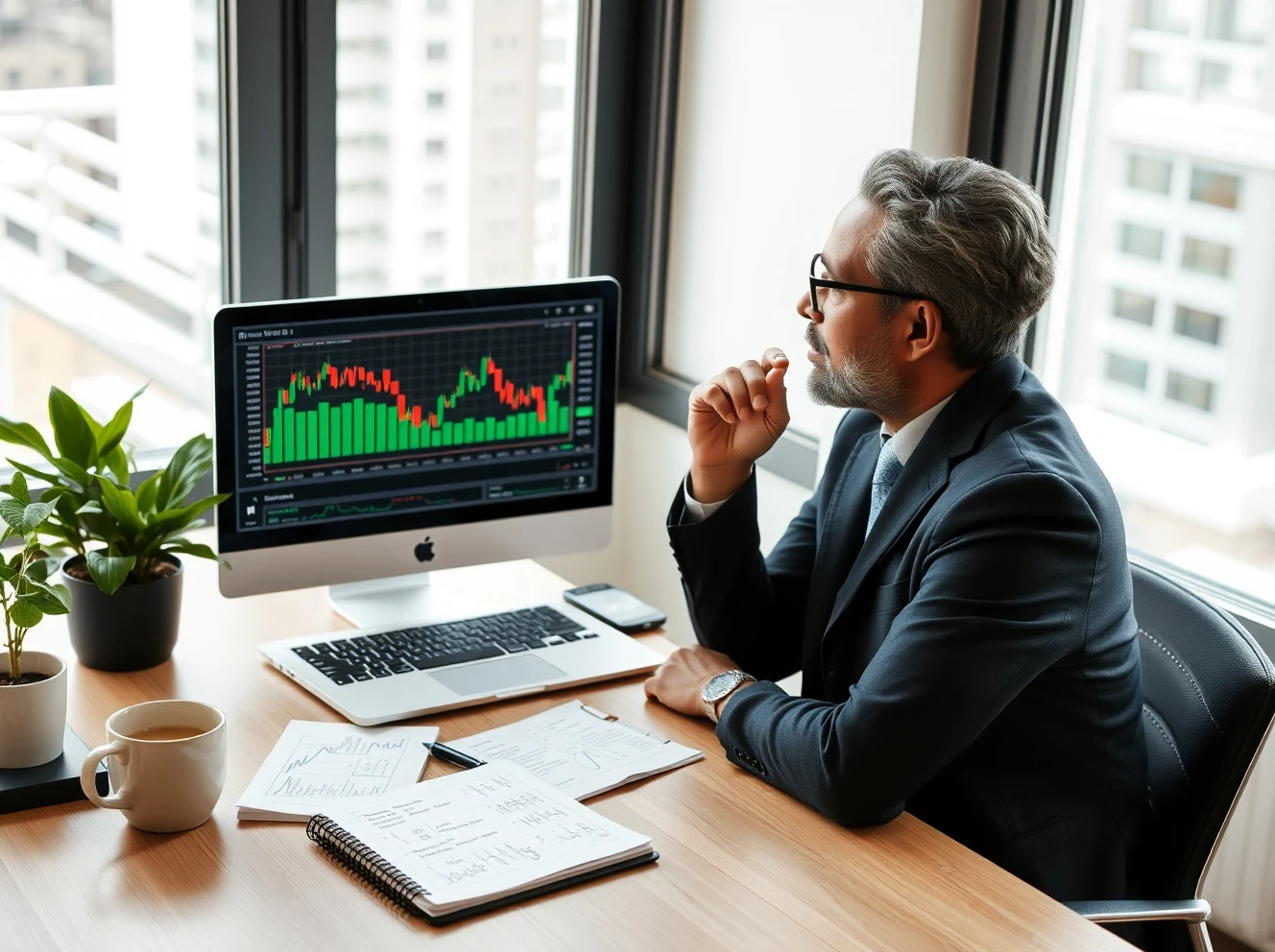 A small business owner analyzing financial trading charts and business reports for a diversification strategy.