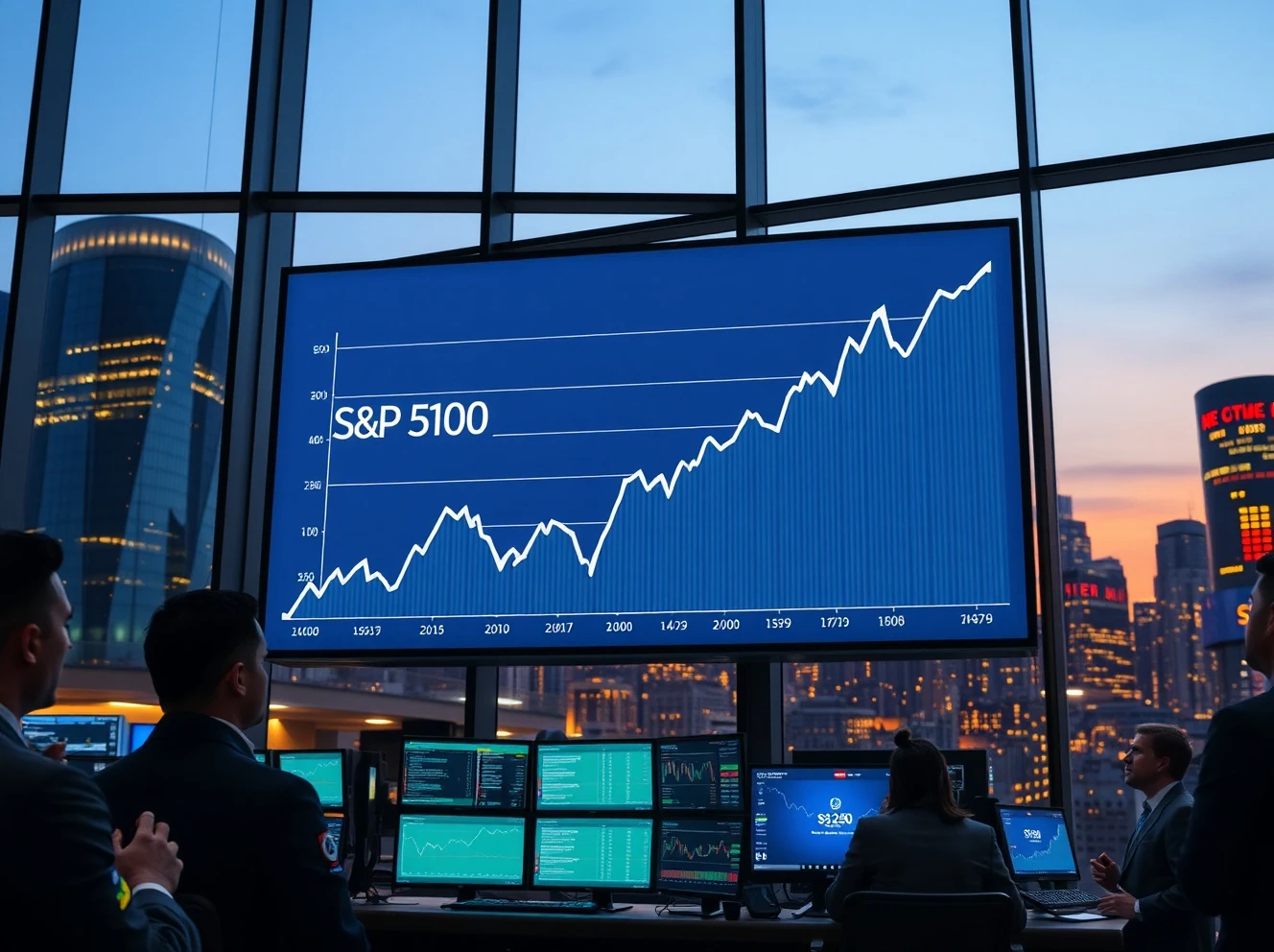 S&P 500 index achieving a historic milestone on a trading floor data screen