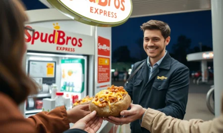 SpudBros jacket potato kiosk at UK petrol forecourt serving customers in 2025