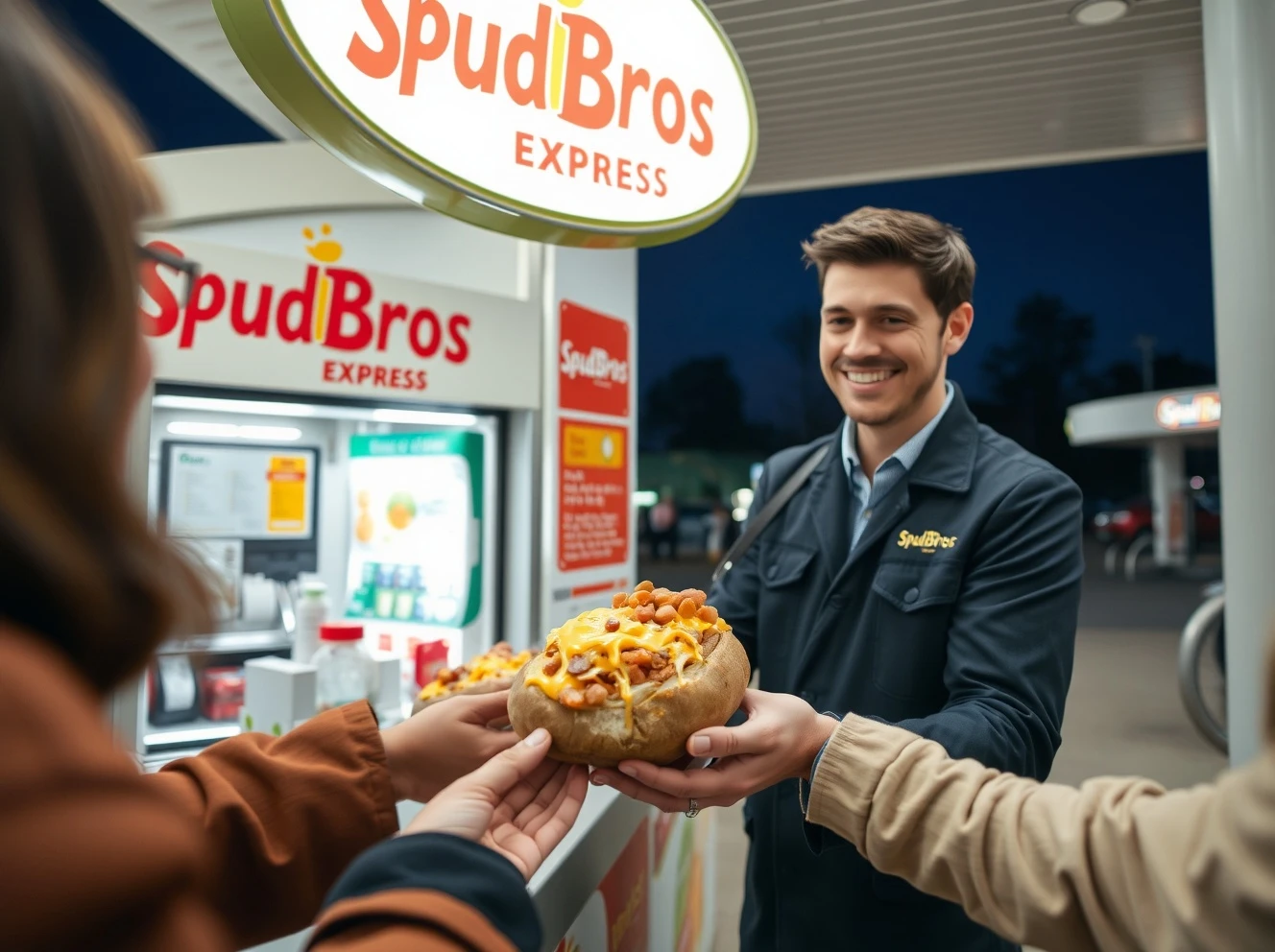 SpudBros jacket potato kiosk at UK petrol forecourt serving customers in 2025