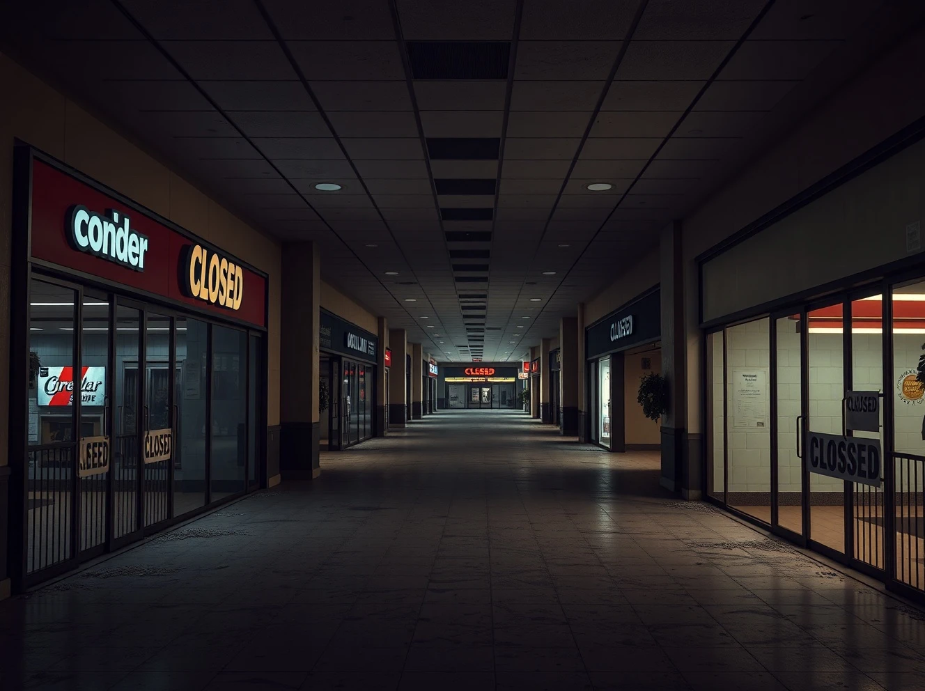 Empty mall corridor symbolizing the 2025 retail bankruptcies and vanished brands.