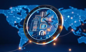 Tokenization process transforming real-world assets into digital tokens on a global financial network map.