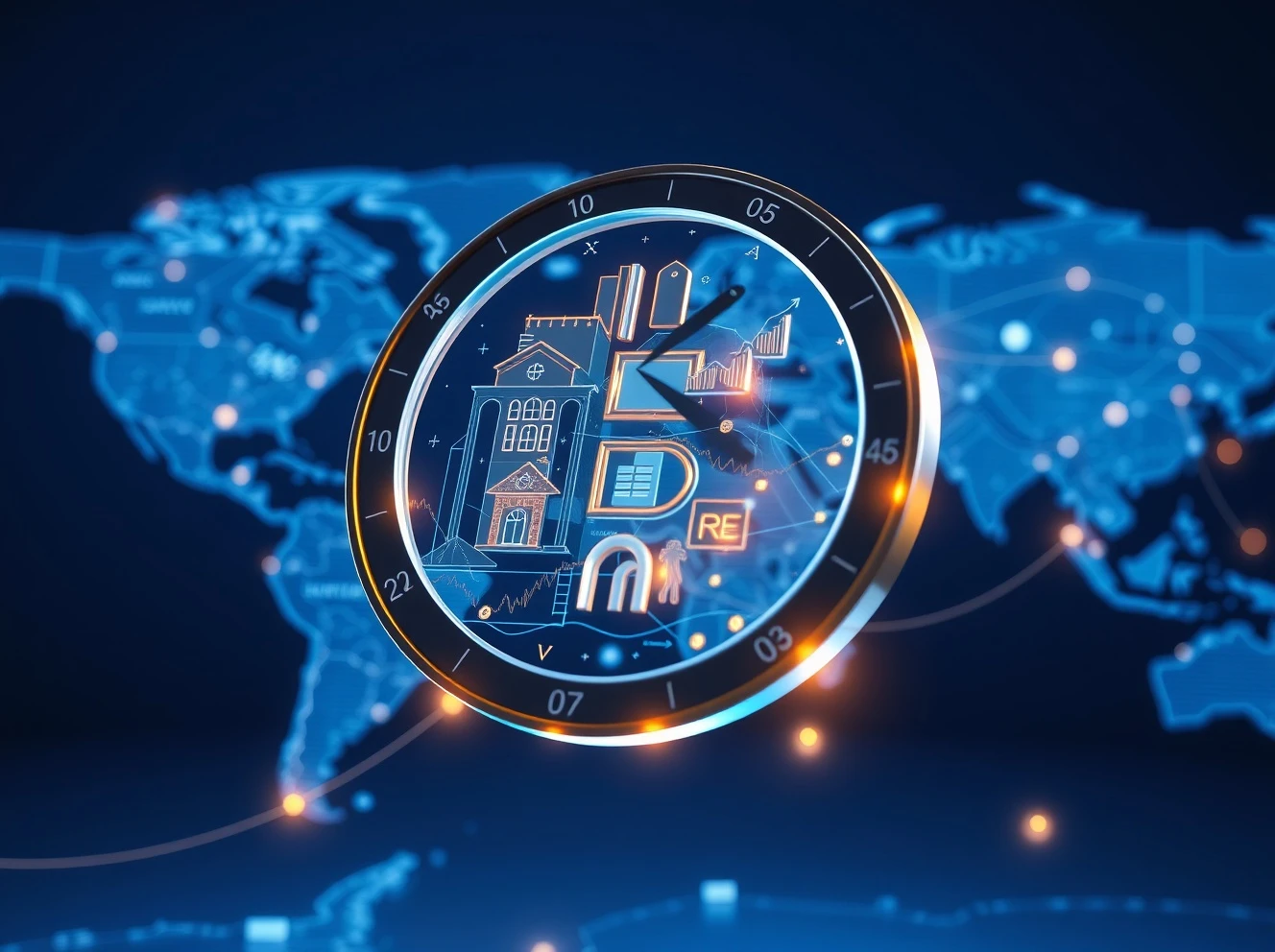 Tokenization process transforming real-world assets into digital tokens on a global financial network map.