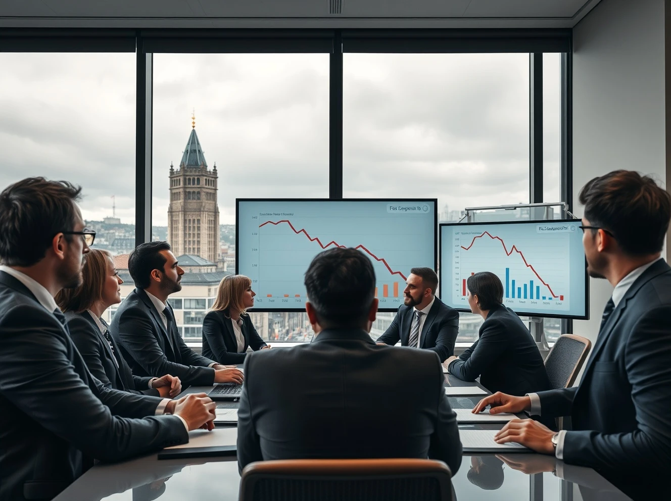 UK business professionals analyzing economic downturn data from CBI survey showing slowing activity.