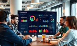 UK startup team analyzing gamified customer engagement dashboard with progress tracking and reward systems
