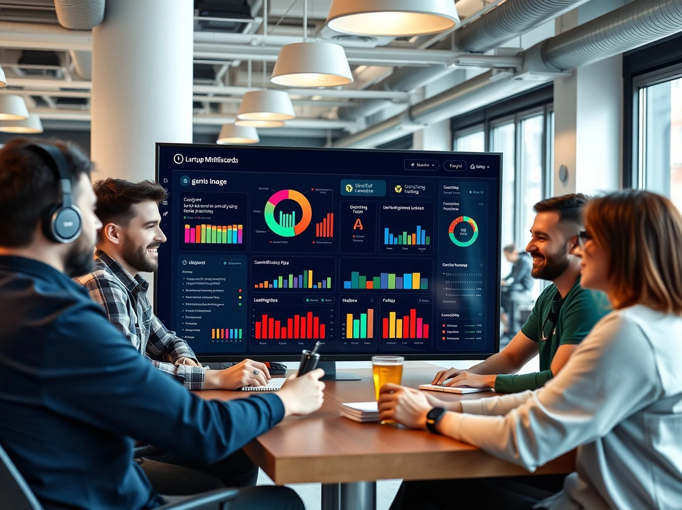 UK startup team analyzing gamified customer engagement dashboard with progress tracking and reward systems