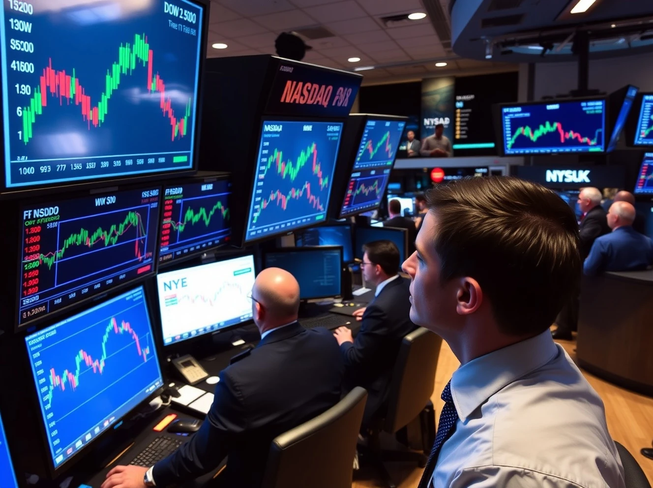 Professional analysis of US major indices experiencing a slight market dip on trading screens