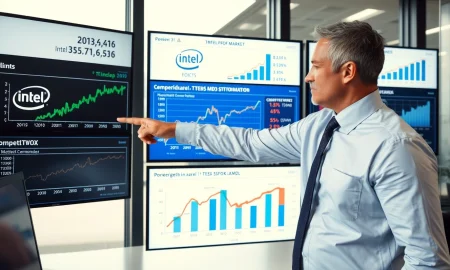 Financial analyst examining Intel stock performance and semiconductor market challenges in 2025