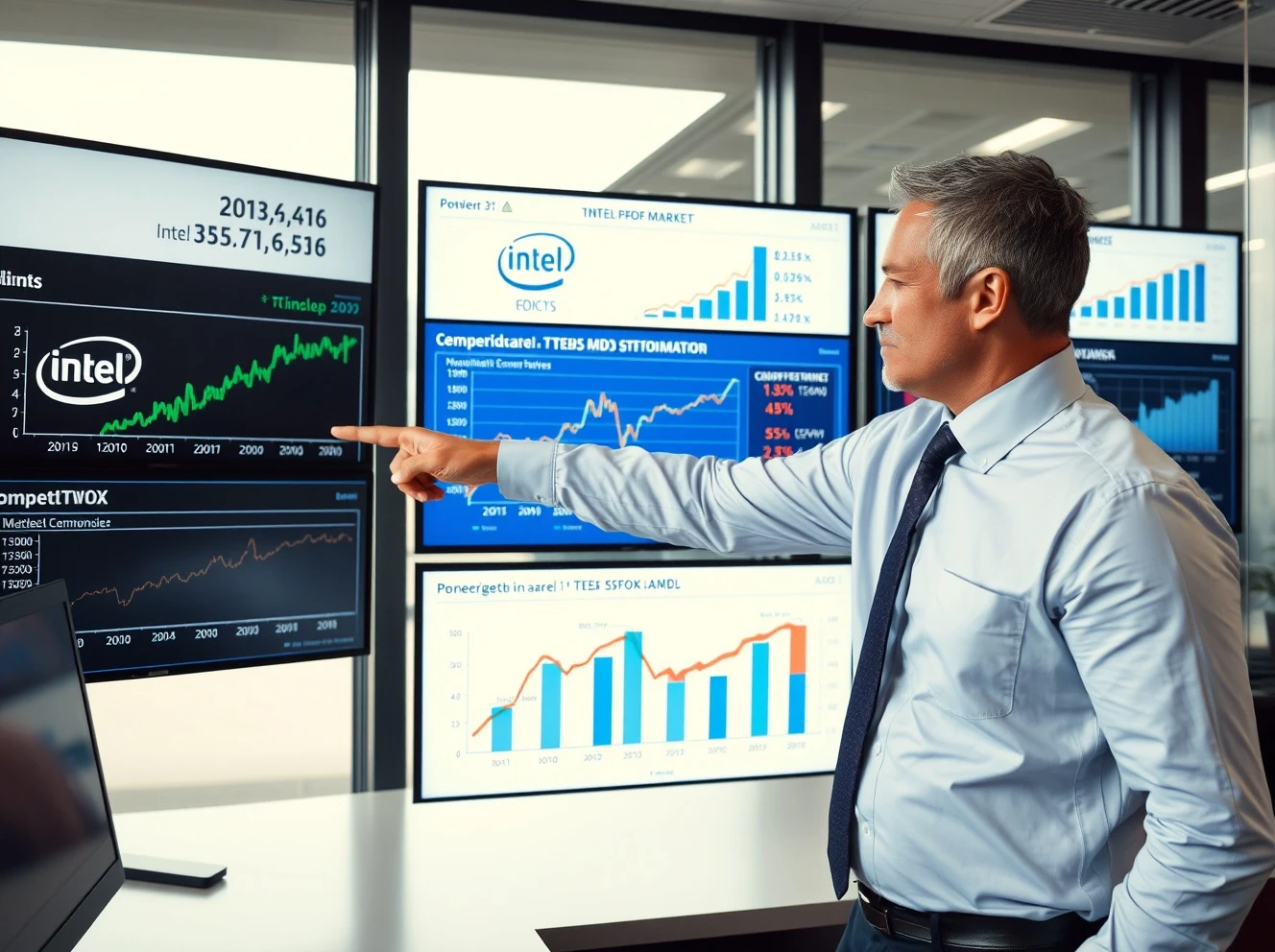Financial analyst examining Intel stock performance and semiconductor market challenges in 2025