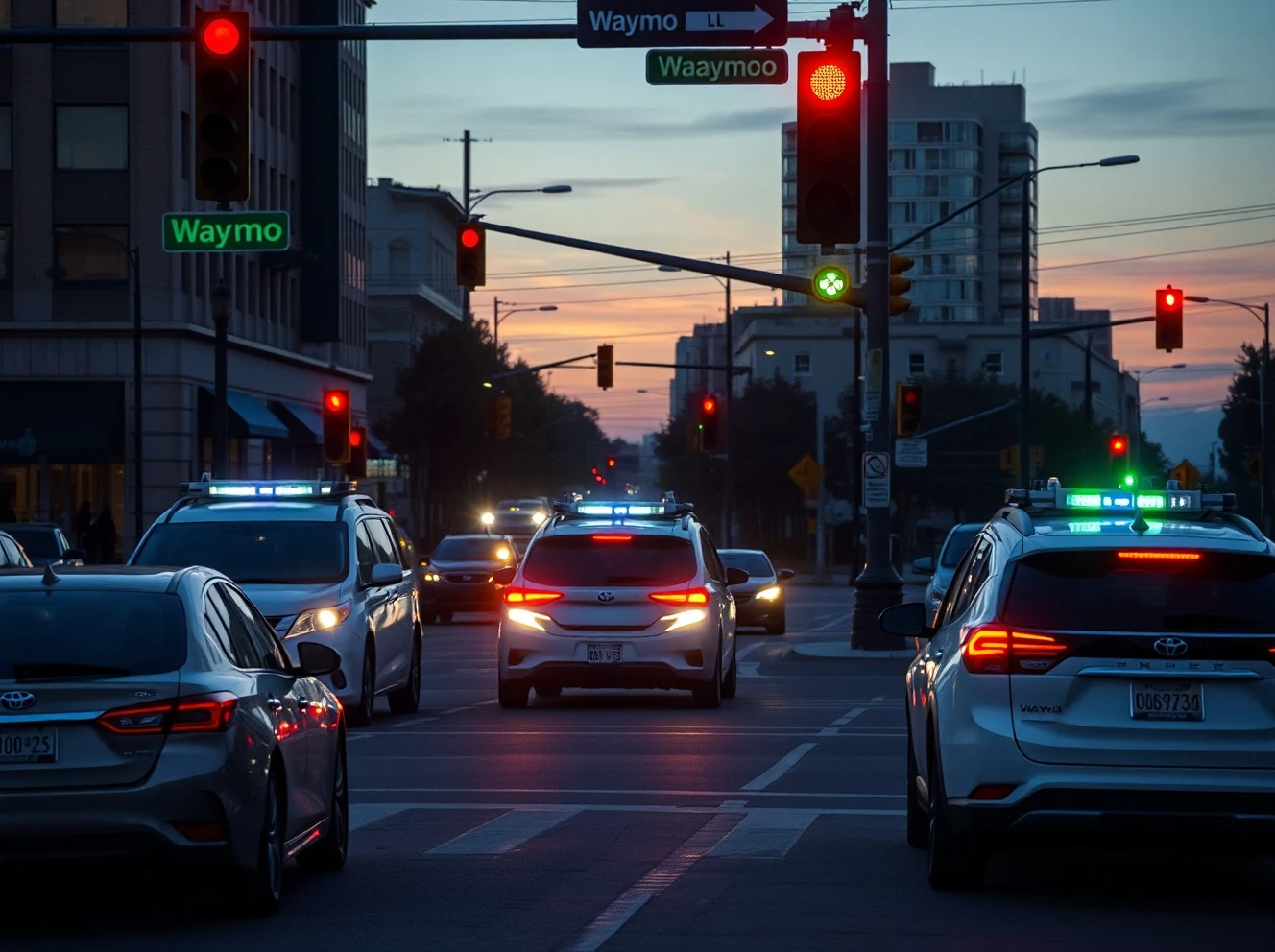 Waymo robotaxis navigating San Francisco intersection during power outage with disabled traffic lights